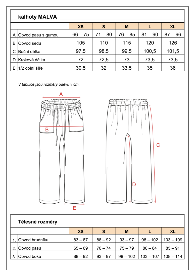 kalhoty Malva - tabulka velikostí